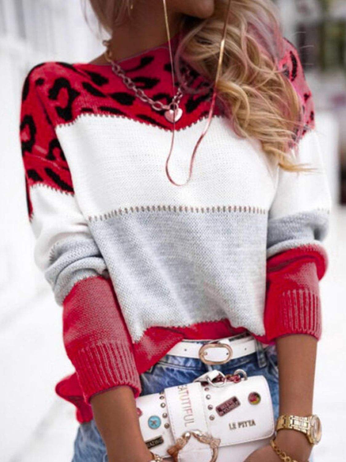 Leopard Color Block Round Neck Long Sleeve Sweater - Trendsi - Flyclothing LLC