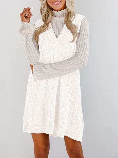 Lovelet Cable Knit V-Neck Mini Sweater Overall Dress - Trendsi - Flyclothing LLC