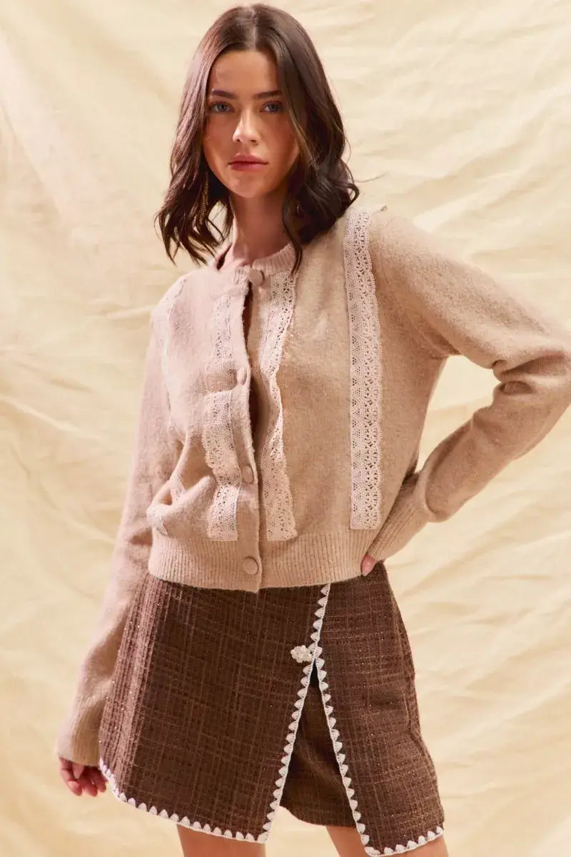 SO ME Front Lace Trim Button Cardigan Sweater - Trendsi - Flyclothing LLC