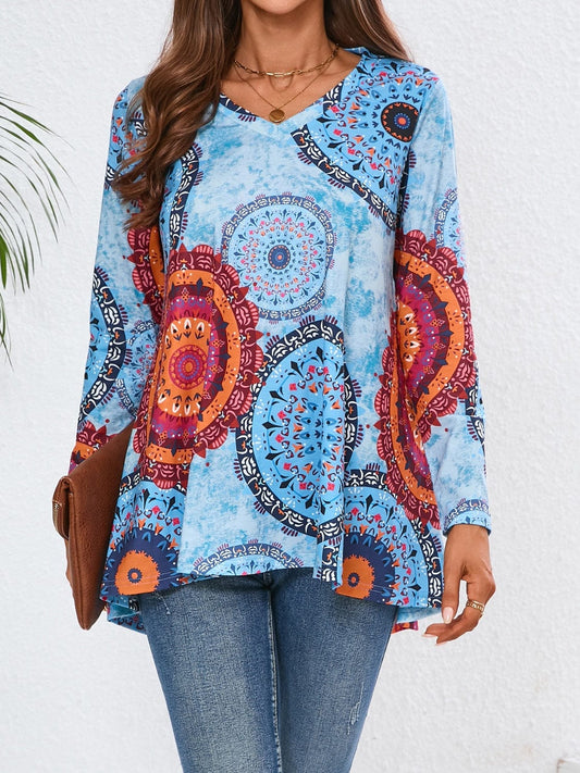 Geometric Printed V-Neck Long Sleeve T-Shirt - Trendsi