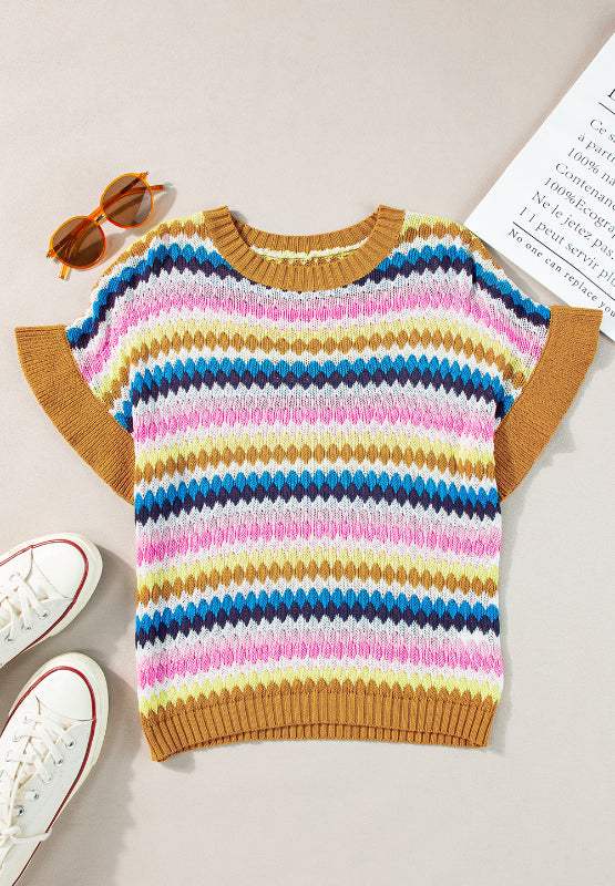 Contrast Round Neck Short Sleeve Sweater - Trendsi - Flyclothing LLC