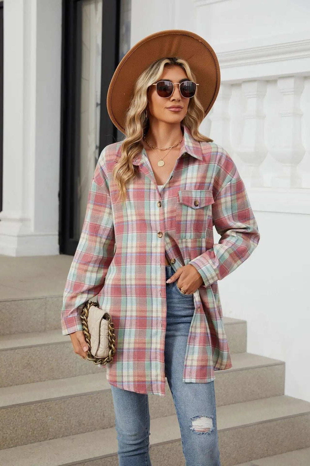 Plaid Collared Neck Long Sleeve Shirt - Trendsi - Flyclothing LLC