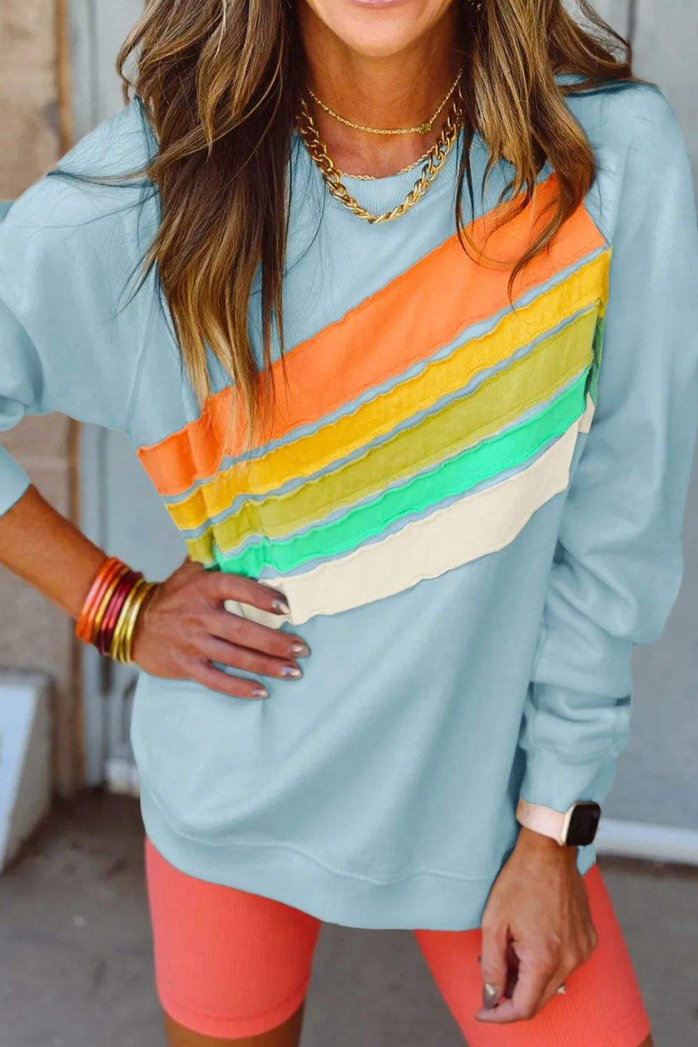 Contrast Round Neck Long Sleeve Sweatshirt - Trendsi - Flyclothing LLC