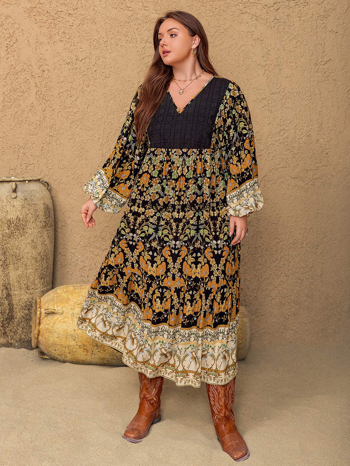 Plus Size Floral V-Neck Balloon Sleeve Midi Dress - Trendsi - Flyclothing LLC
