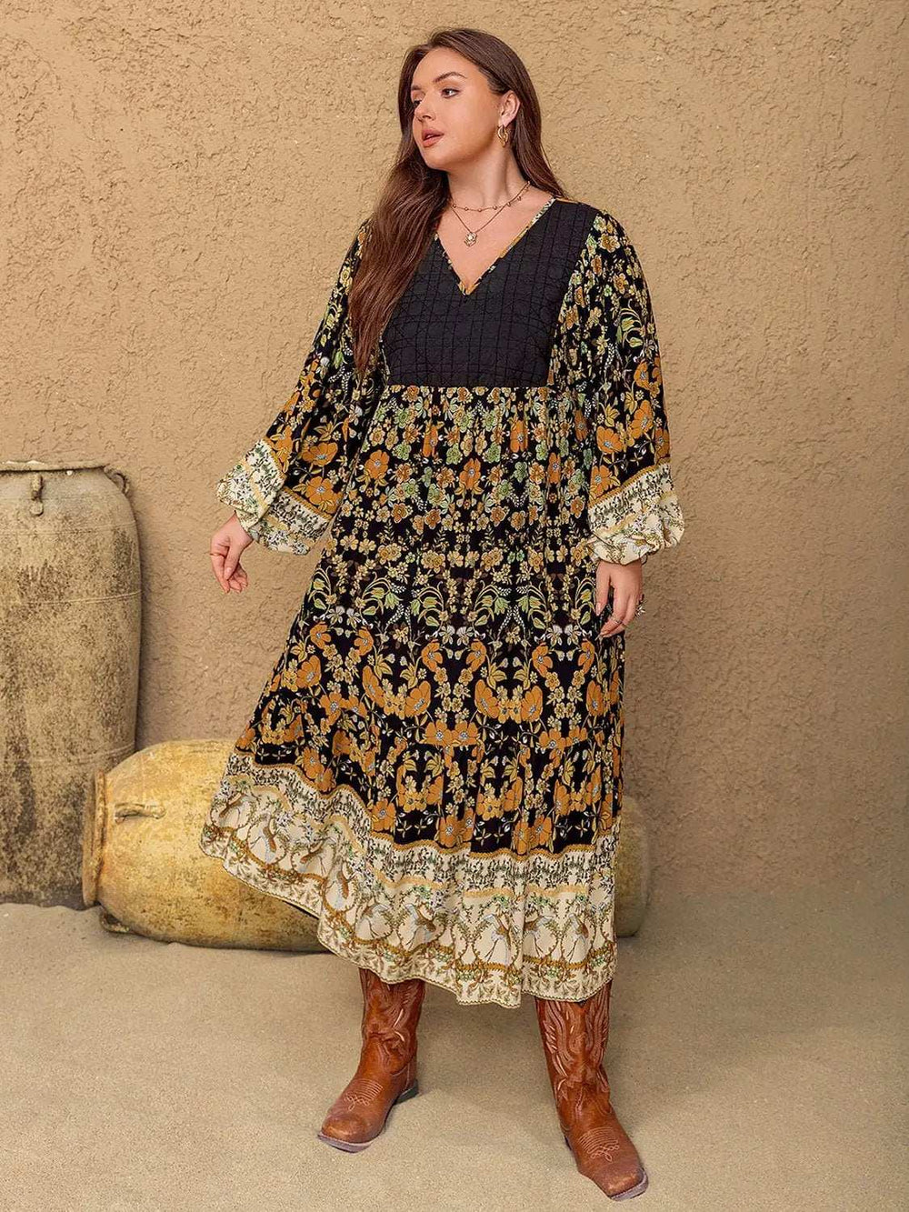 Plus Size Floral V-Neck Balloon Sleeve Midi Dress - Trendsi - Flyclothing LLC