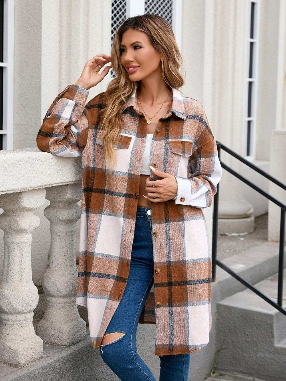 Plaid Button Up Long Sleeve Longline Outerwear - Trendsi - Flyclothing LLC