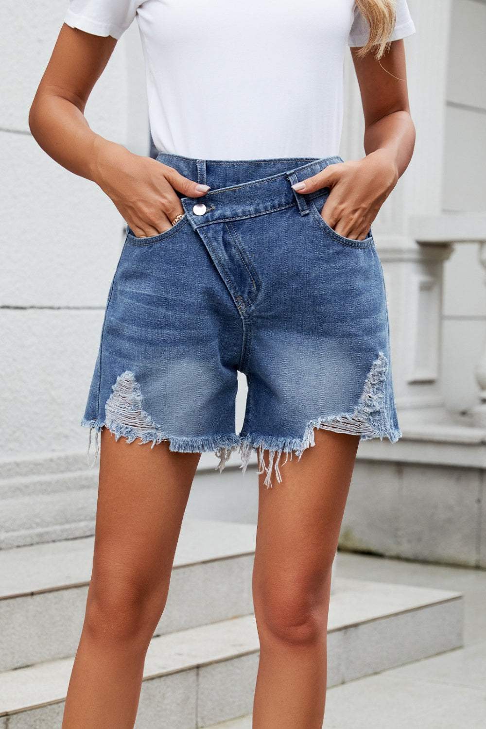 Distressed Raw Hem Asymmetric Waist Denim Shorts - Trendsi - Flyclothing LLC