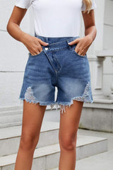 Distressed Raw Hem Asymmetric Waist Denim Shorts - Trendsi - Flyclothing LLC