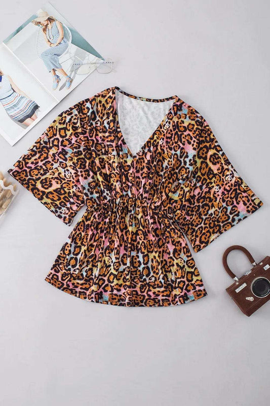 Leopard V-Neck Half Sleeve Blouse - Trendsi - Flyclothing LLC