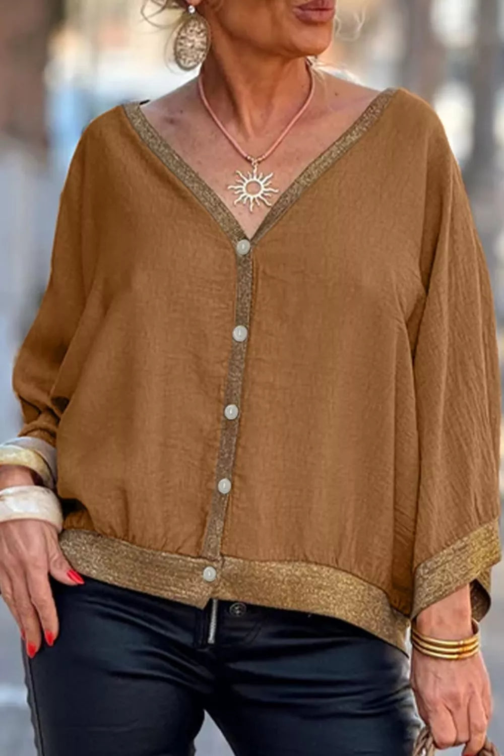 V-Neck Button Up Shirt - Trendsi - Flyclothing LLC
