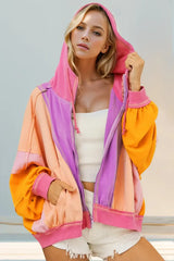 Double Take Full Size Color Block Zip Up Hoodie - Trendsi - Flyclothing LLC