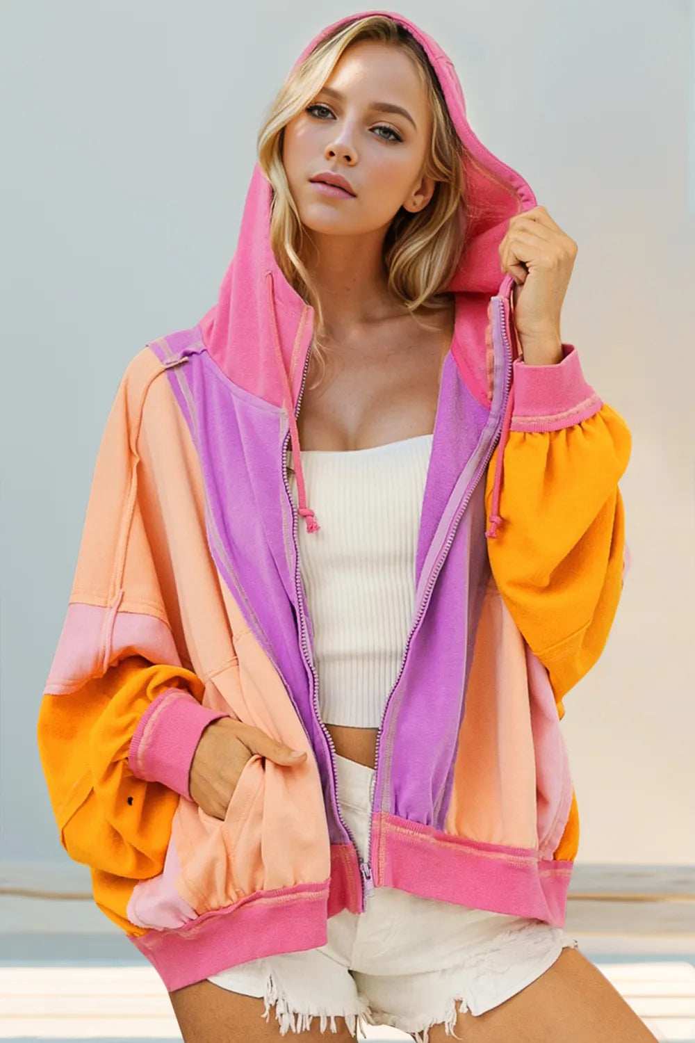 Double Take Full Size Color Block Zip Up Hoodie - Trendsi - Flyclothing LLC