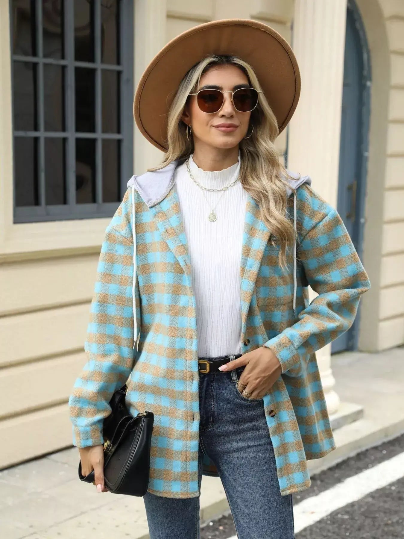 Plaid Button Up Long Sleeve Drawstring Hooded Jacket - Trendsi - Flyclothing LLC