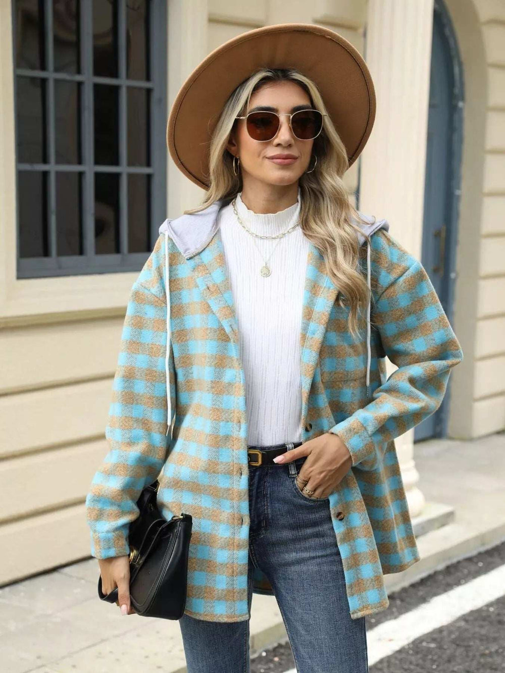 Plaid Button Up Long Sleeve Drawstring Hooded Jacket - Trendsi - Flyclothing LLC