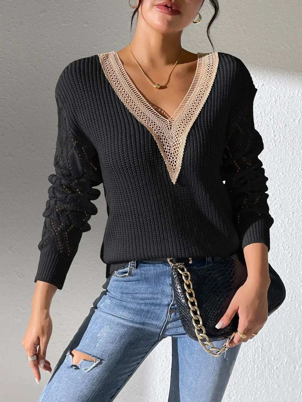 Openwork V-Neck Long Sleeve Sweater - Trendsi - Flyclothing LLC