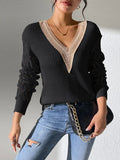 Openwork V-Neck Long Sleeve Sweater - Trendsi