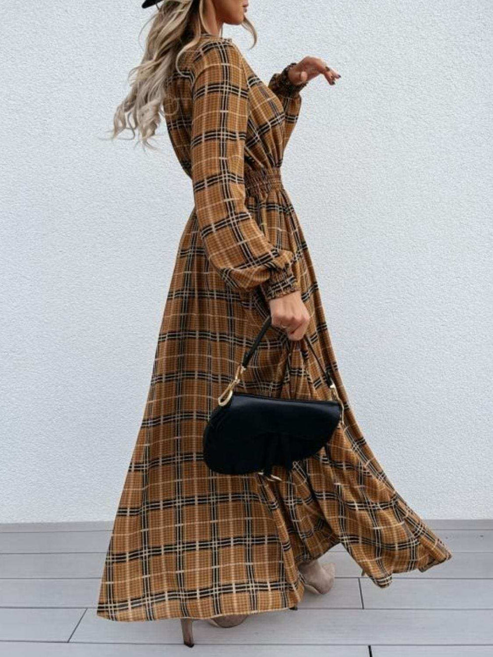 Slit Plaid Tie Neck Long Sleeve Maxi Dress - Trendsi - Flyclothing LLC