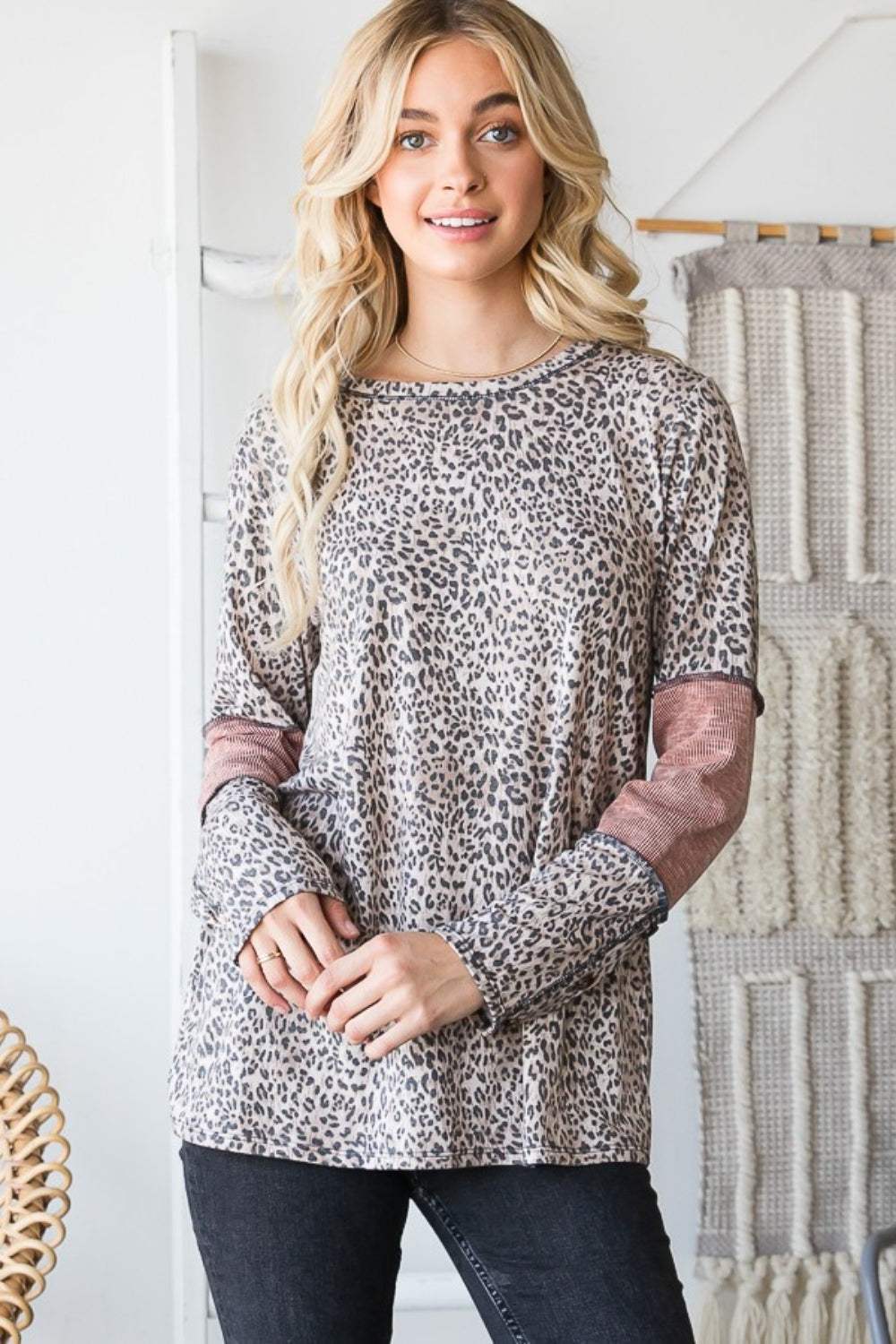 Heimish Full Size Leopard Exposed Seam Contrast T-Shirt - Trendsi - Flyclothing LLC