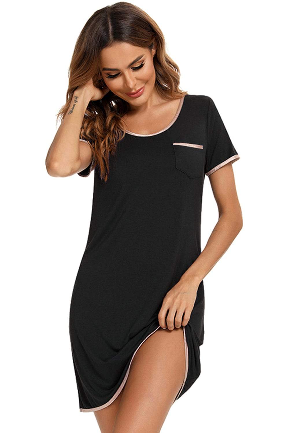 Contrast Trim Pocketed Round Neck Lounge Dress - Trendsi - Flyclothing LLC