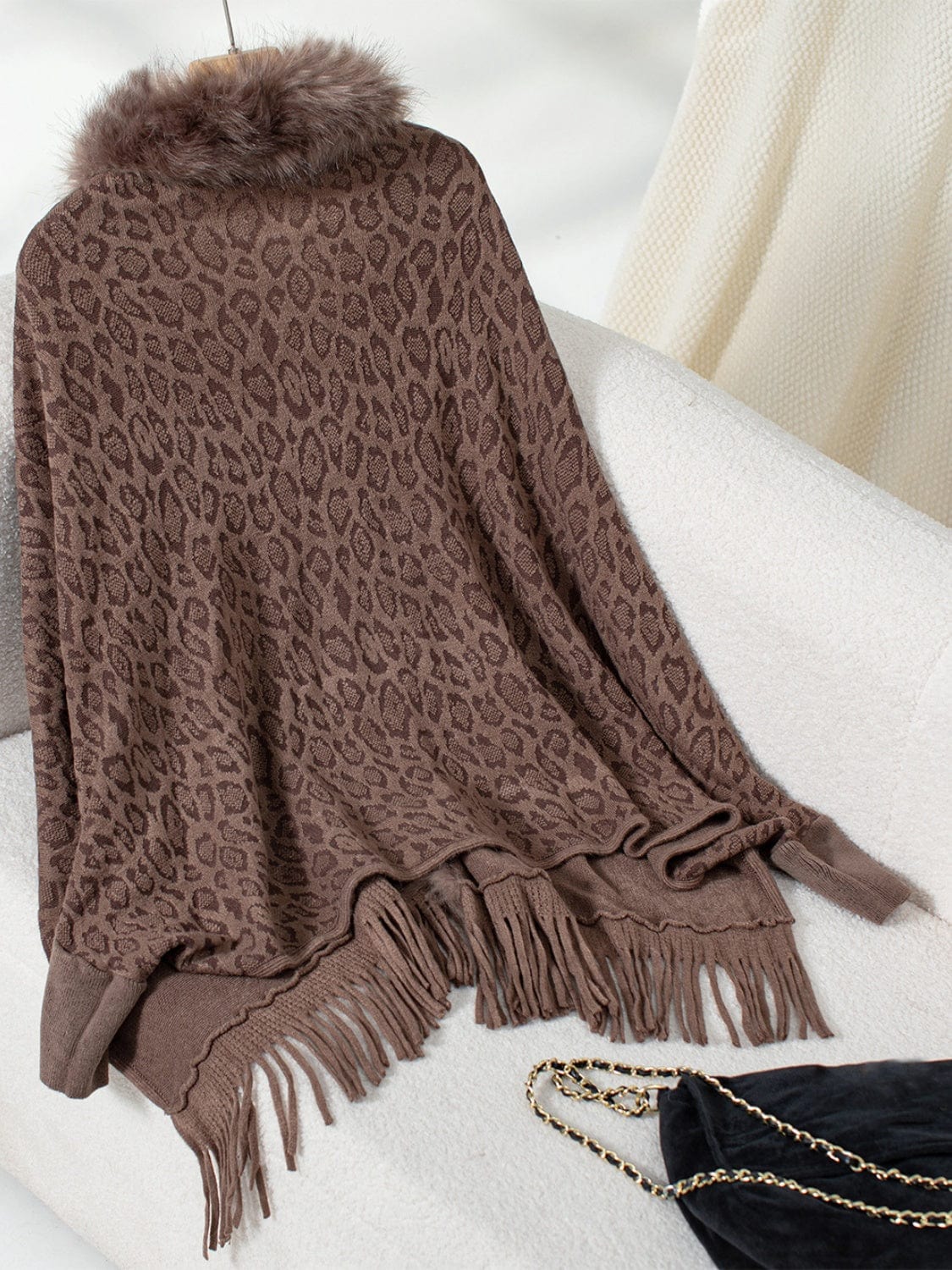 Fringe Leopard Open Front Long Sleeve Poncho - Trendsi