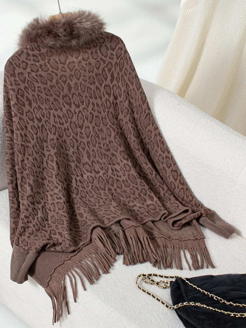 Fringe Leopard Open Front Long Sleeve Poncho - Trendsi - Flyclothing LLC