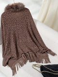 Fringe Leopard Open Front Long Sleeve Poncho - Trendsi