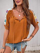 Perfee Tied Crochet Detail Short Sleeve Blouse - Trendsi - Flyclothing LLC