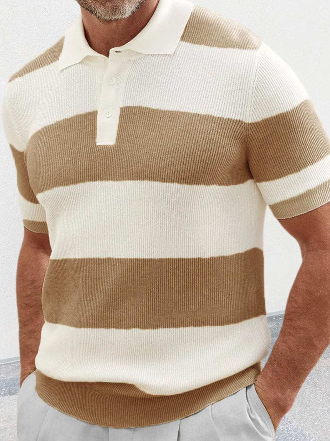 Men's Plus Size Collared Neck Striped Ribbed Knit Polo - Trendsi - Flyclothing LLC