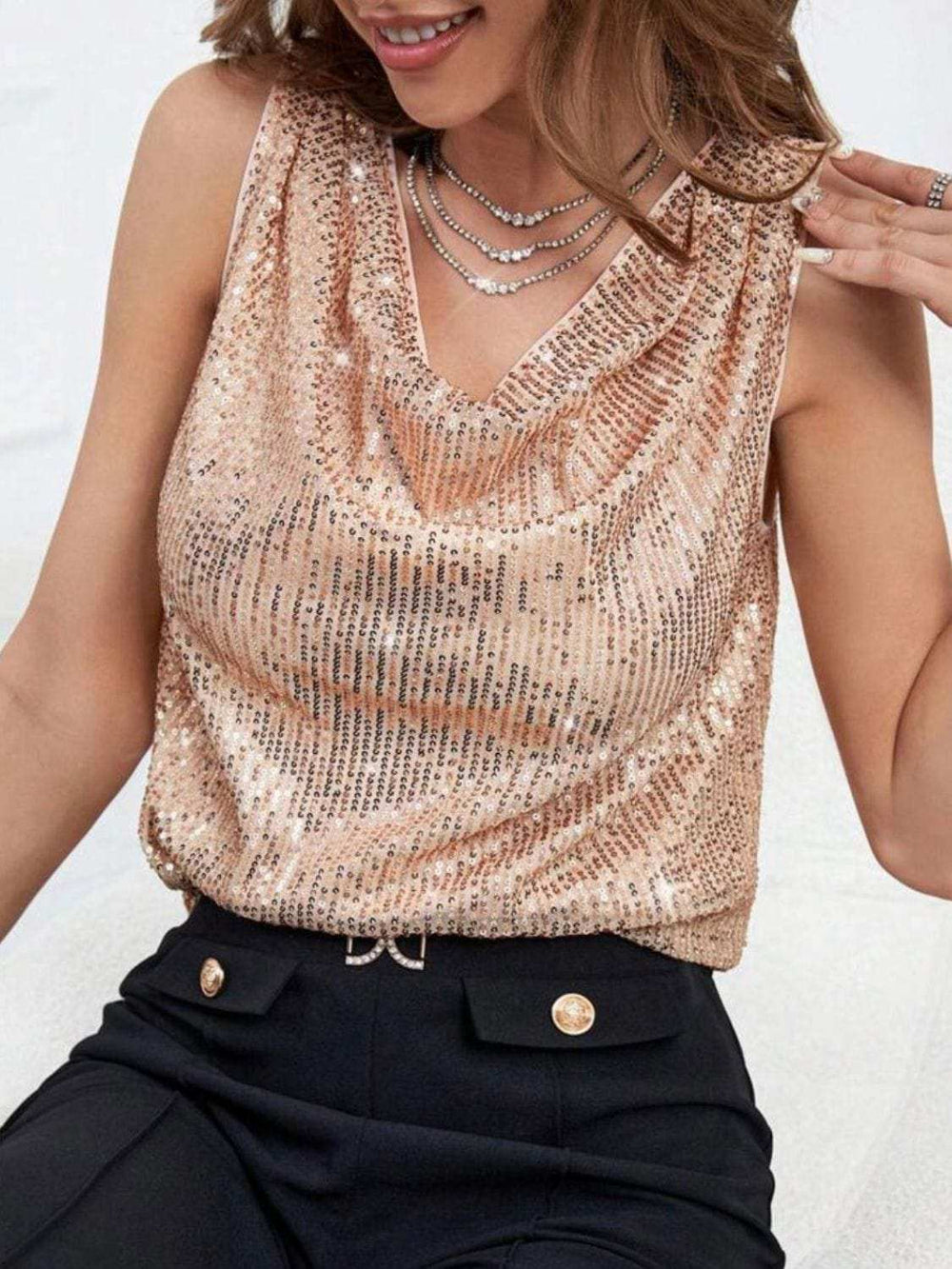 Sequin Cowl Neck Tank - Trendsi - Flyclothing LLC