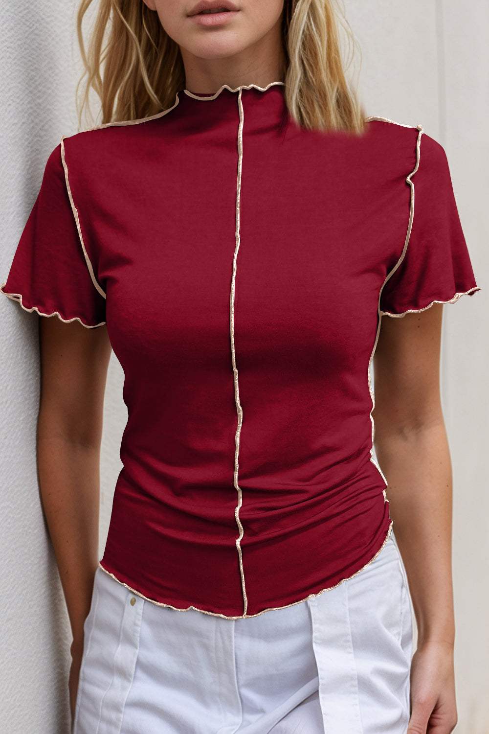 Basic Bae Contrast Trim Mock Neck Short Sleeve T-Shirt - Trendsi - Flyclothing LLC