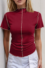 Basic Bae Contrast Trim Mock Neck Short Sleeve T-Shirt - Trendsi - Flyclothing LLC