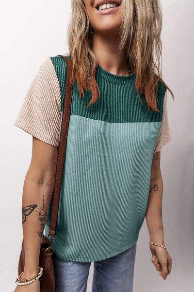 Color Block Round Neck Short Sleeve T-Shirt - Trendsi - Flyclothing LLC