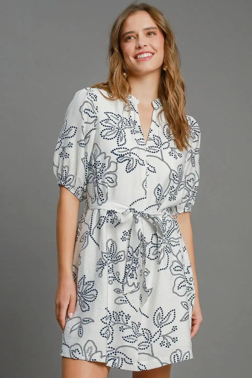 Umgee Full Size Floral Print Notched Puff Sleeve Mini Dress Plus Size - Trendsi