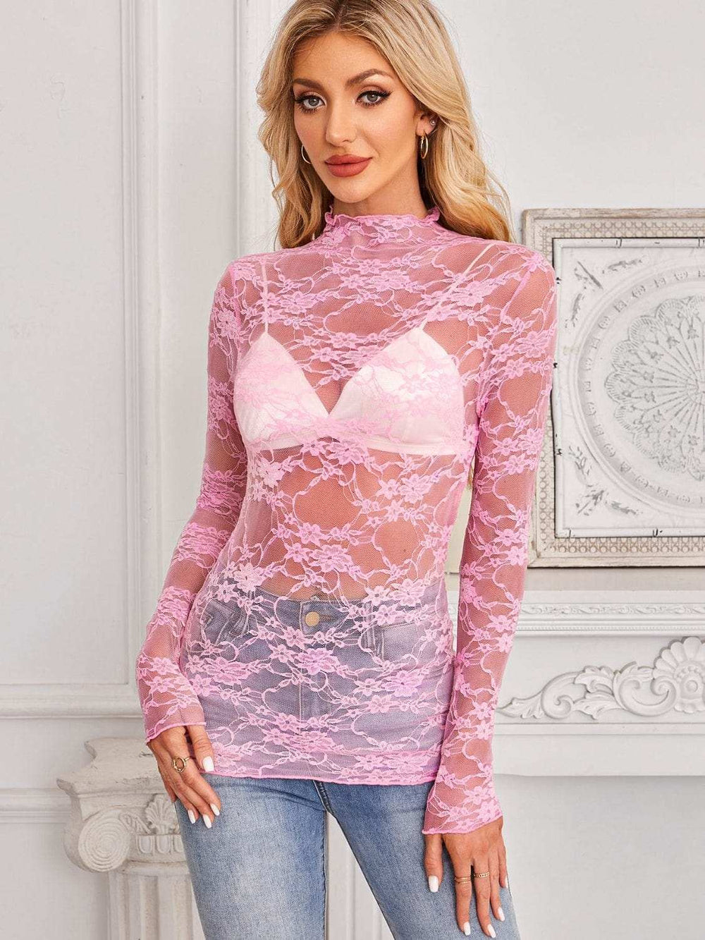 Mock Neck Long Sleeve Lace Sheer Top - Trendsi - Flyclothing LLC