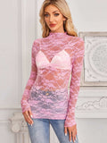 Mock Neck Long Sleeve Lace Sheer Top - Trendsi - Flyclothing LLC