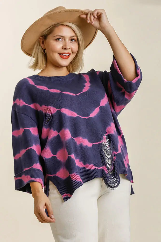 Umgee Full Size Tie Dye Side Slit Round Neck Distressed Detail Sweater Plus Size - Trendsi - Flyclothing LLC