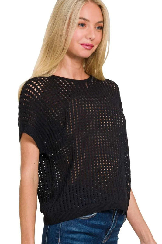 Zenana Viscose Crochet Knit Sheer Hollow Sweater - Trendsi - Flyclothing LLC