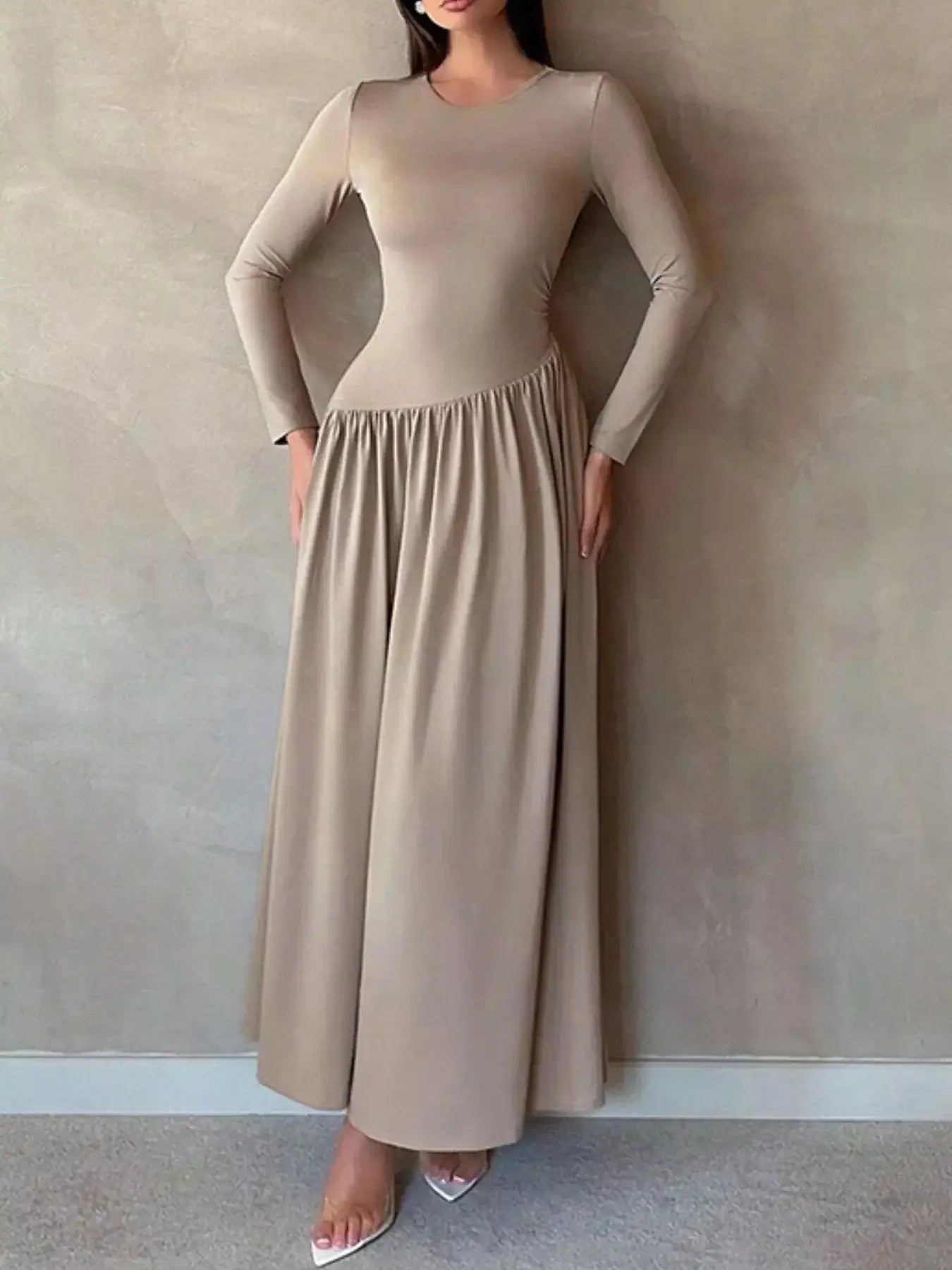Long Sleeve Ruched A-Line Maxi Dress - Trendsi - Flyclothing LLC