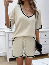 Contrast Trim V-Neck Top and Shorts Set - Trendsi - Flyclothing LLC