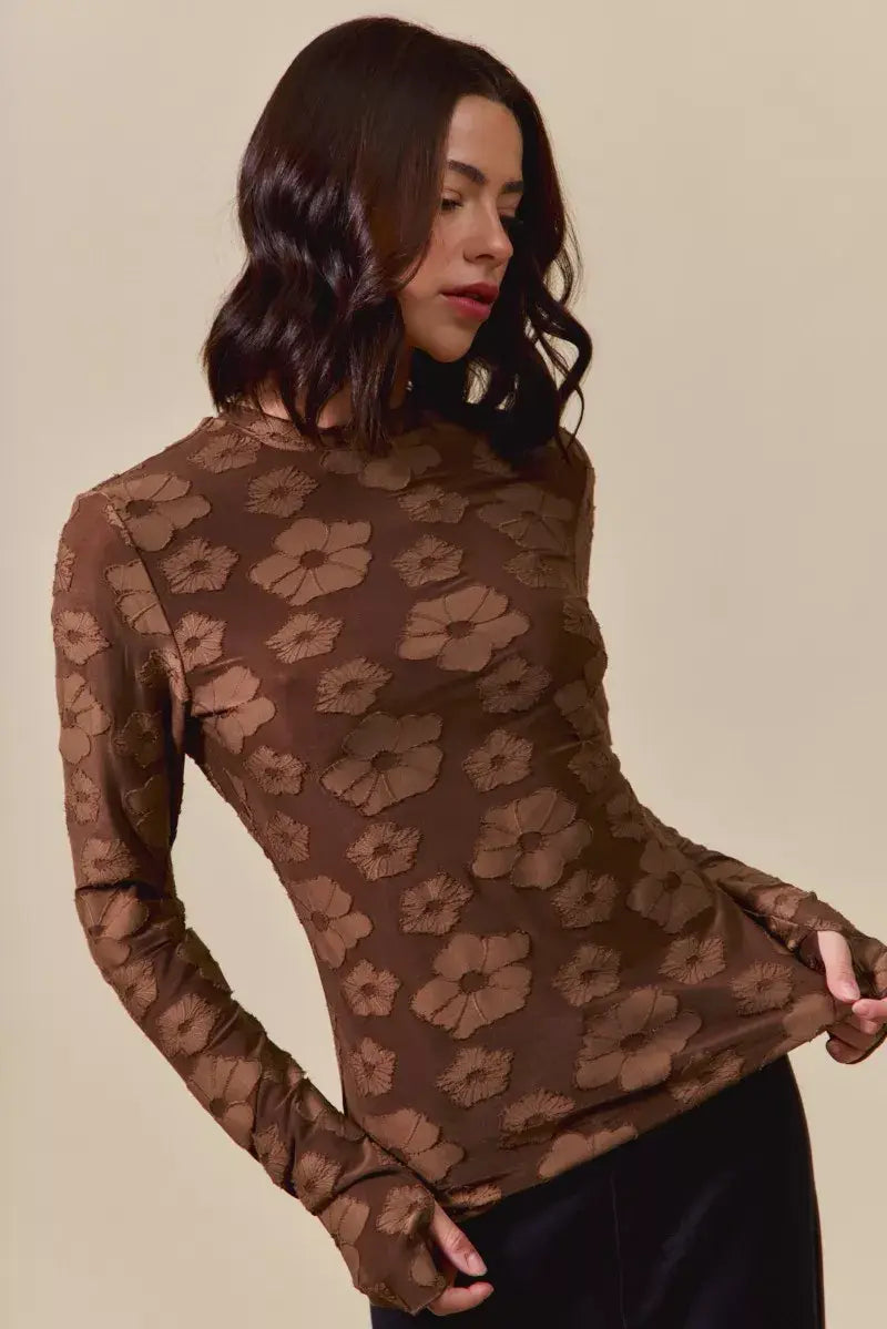 SO ME Stretched Jacquard Casual Tops with Thumb Opening - Trendsi - Flyclothing LLC