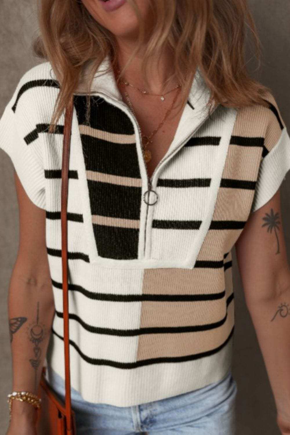 Striped Half Zip Sweater Vest - Trendsi - Flyclothing LLC