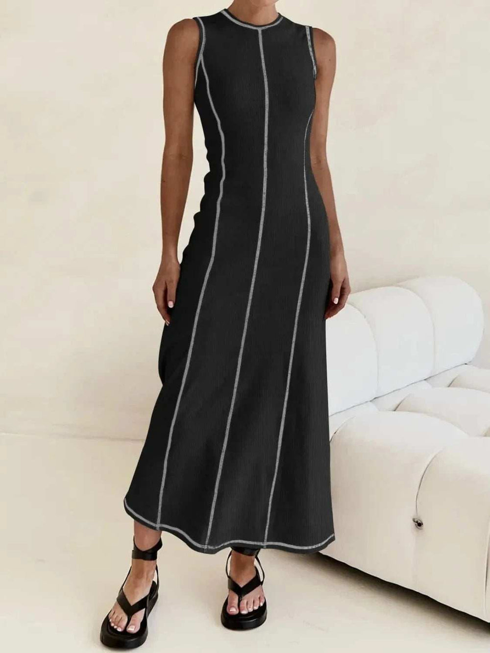 Contrast Stitching Round Neck Sleeveless Midi Dress - Trendsi - Flyclothing LLC