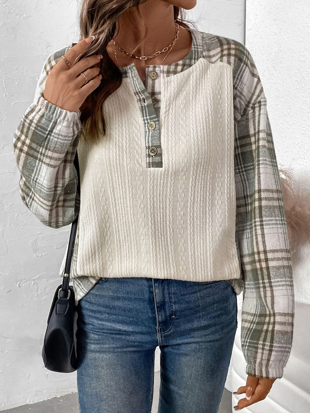 Perfee Plaid Half Button Long Sleeve T-Shirt - Trendsi