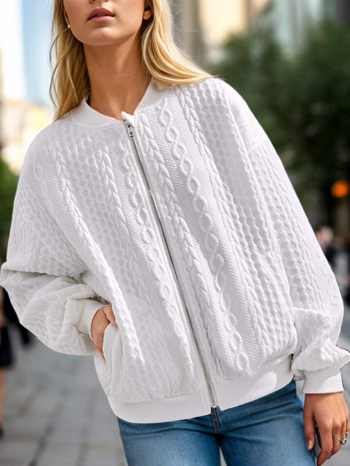 Textured Zip Up Dropped Shoulder Jacket - Trendsi - Flyclothing LLC