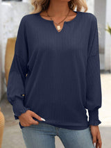 Textured Notched Lantern Sleeve T-Shirt - Trendsi - Flyclothing LLC