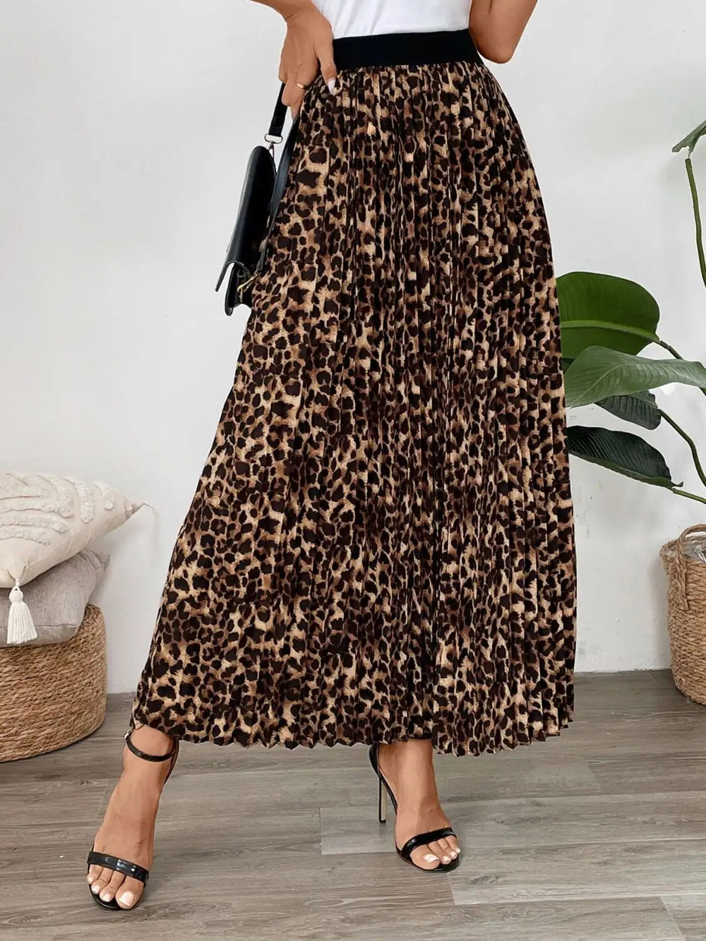 Perfee Pleated Leopard Maxi Skirt - Trendsi