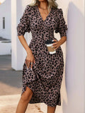 Perfee Leopard Surplice Long Sleeve Midi Dress - Trendsi - Flyclothing LLC