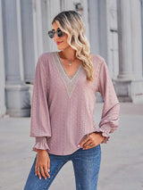 V-Neck Eyelet Flounce Sleeve Blouse - Trendsi - Flyclothing LLC