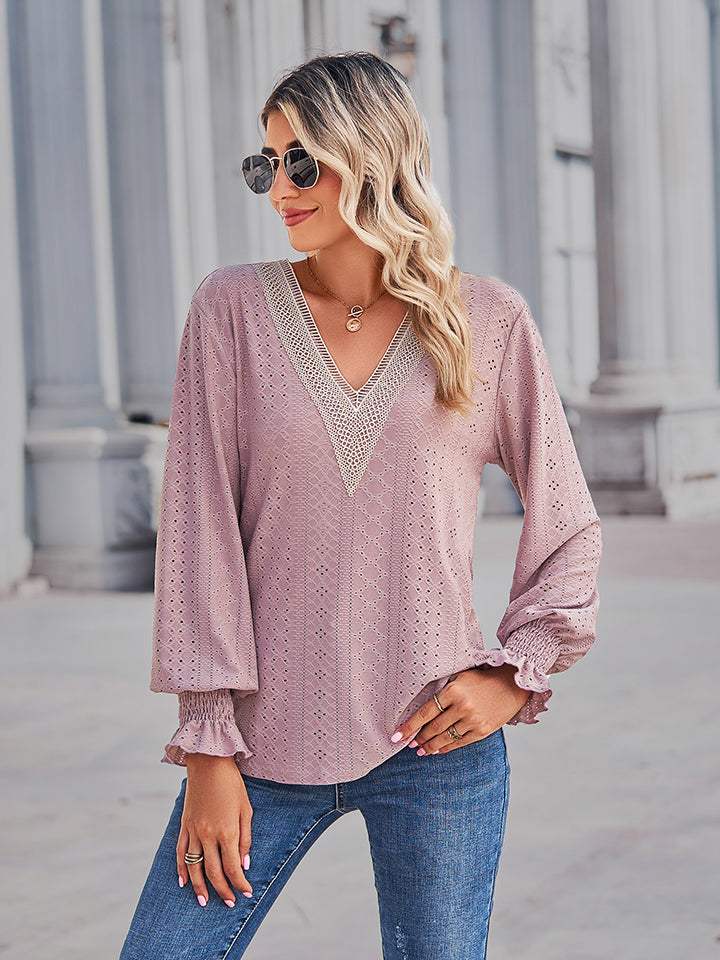 V-Neck Eyelet Flounce Sleeve Blouse - Trendsi - Flyclothing LLC