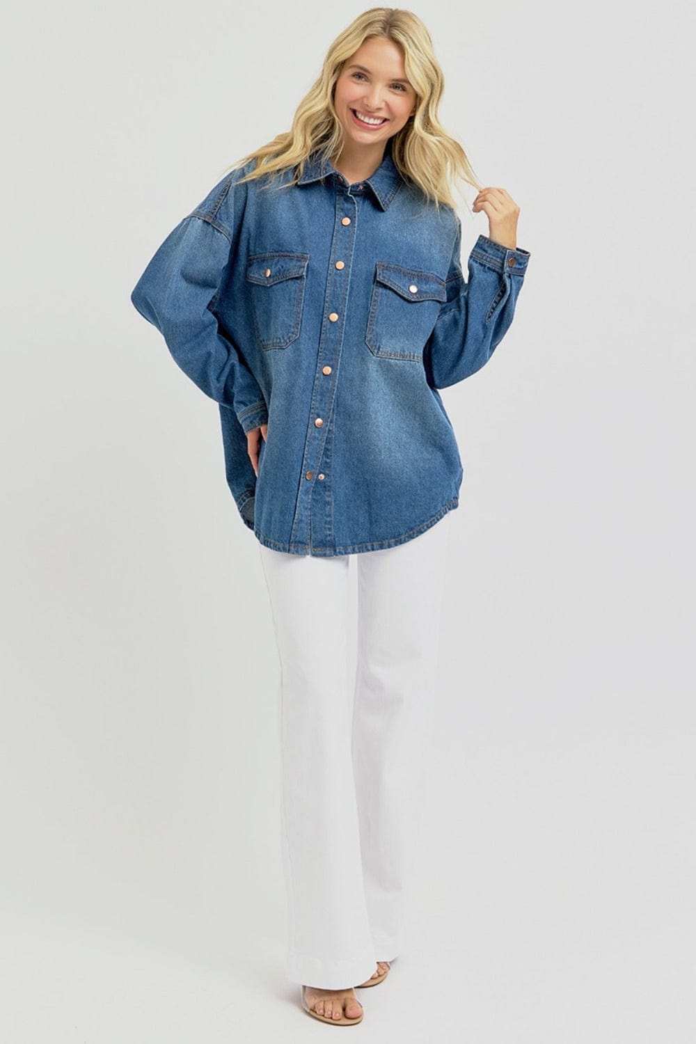 RISEN Full Size Snap Down Long Sleeve Denim Shacket - Trendsi - Flyclothing LLC